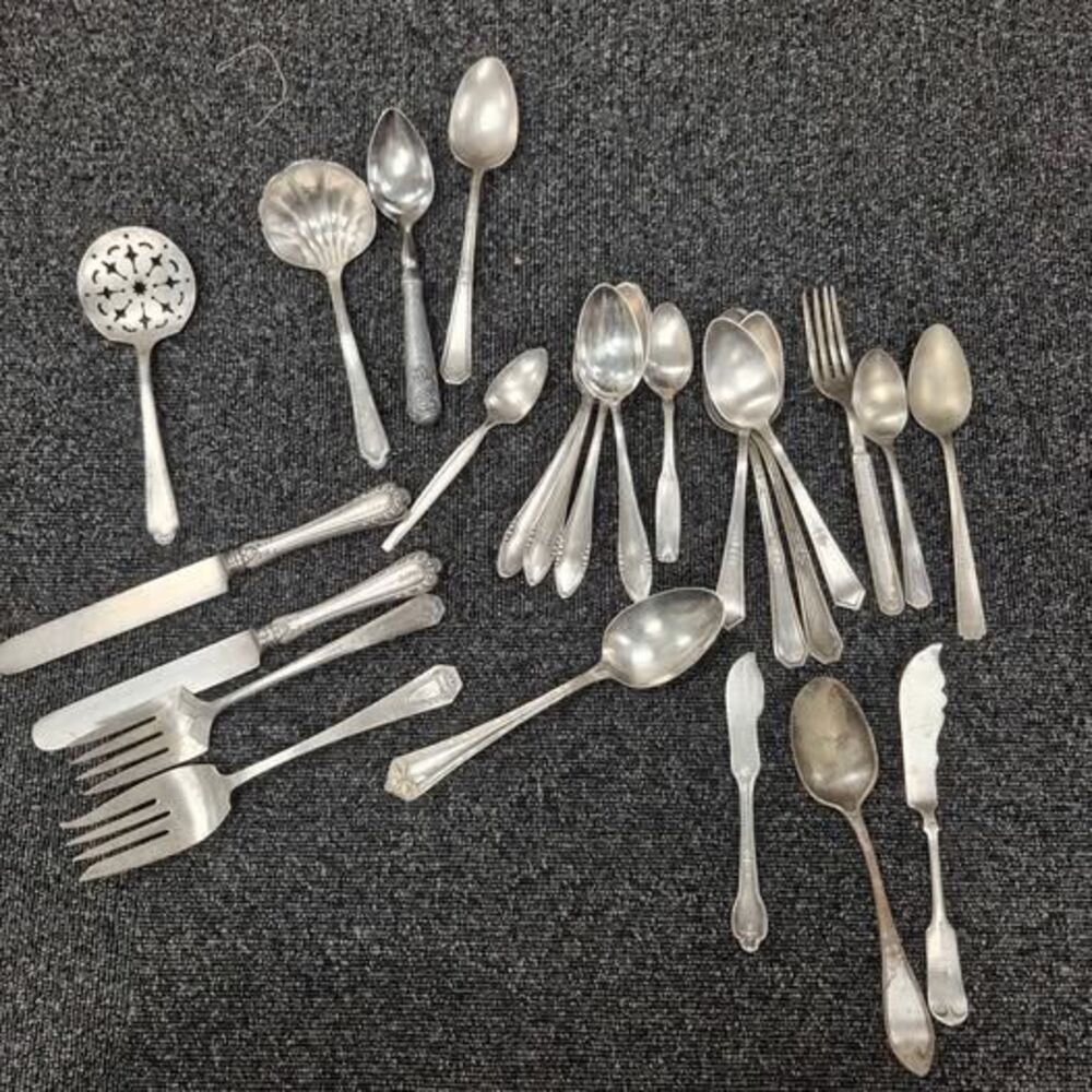 Vintage Silverplate Flatware Lot 26 Pcs 3 lbs Mixed Patterns Railroad Hotel Mono